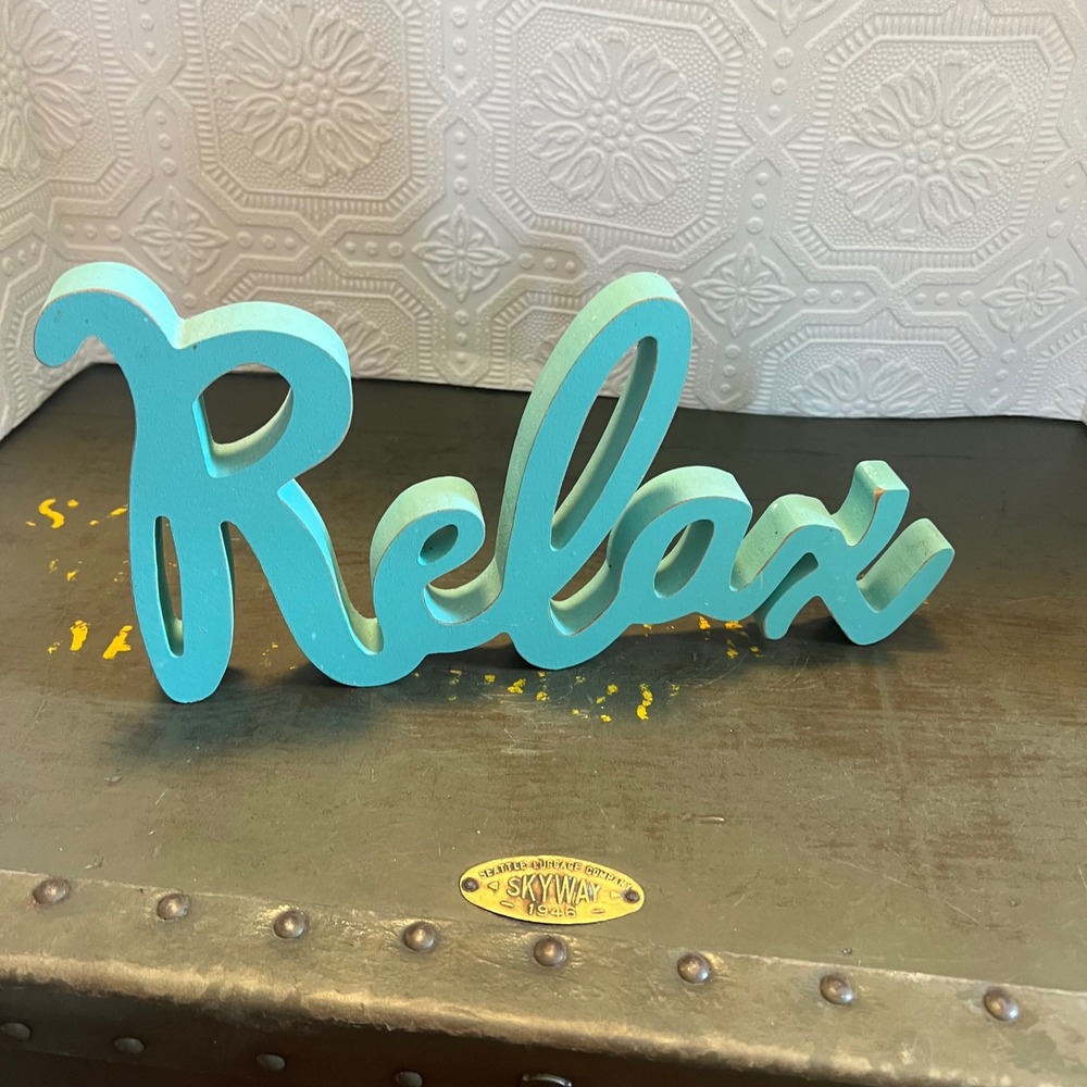 Relax Wooden Block Sign Turquoise Blue Cursive Script Freestanding Home Decor